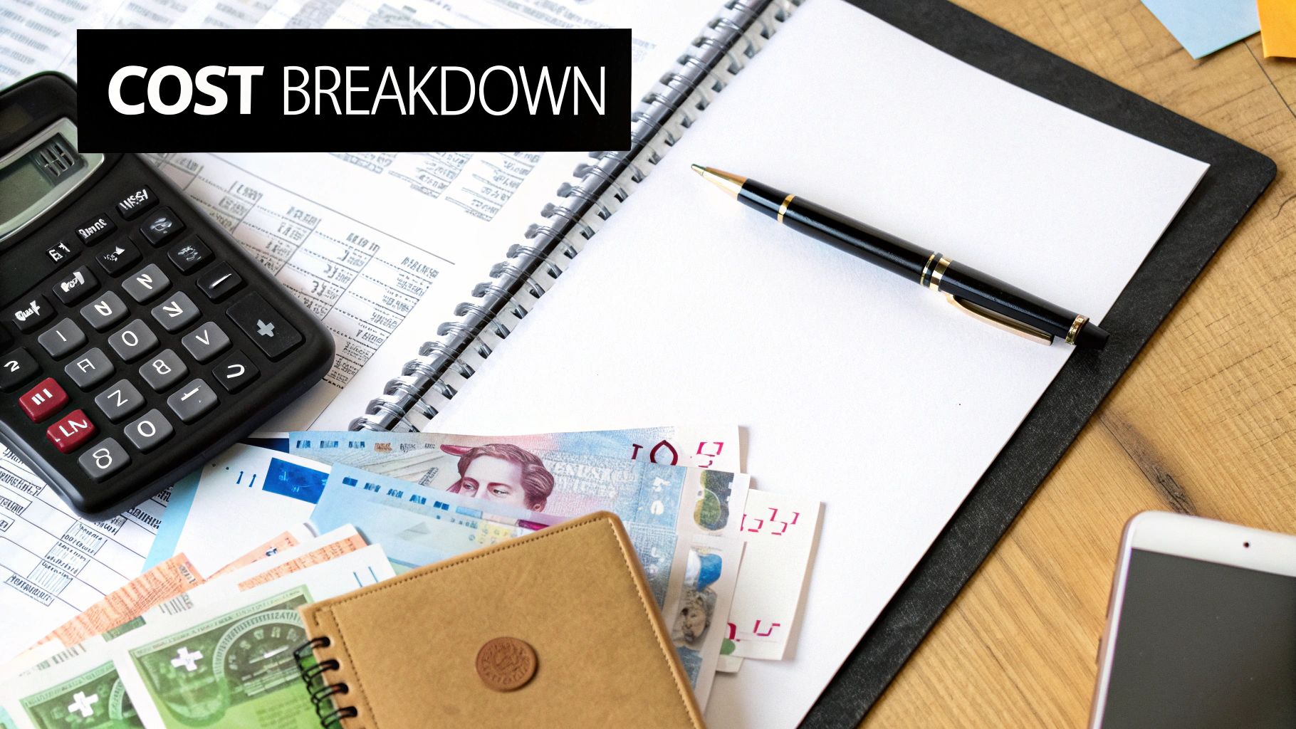 A calculator and magnifying glass on a desk with financial documents, symbolising investigation costs