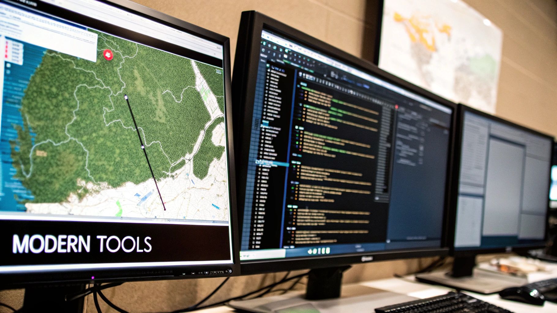 A private investigator using multiple computer screens to analyse data and digital information.