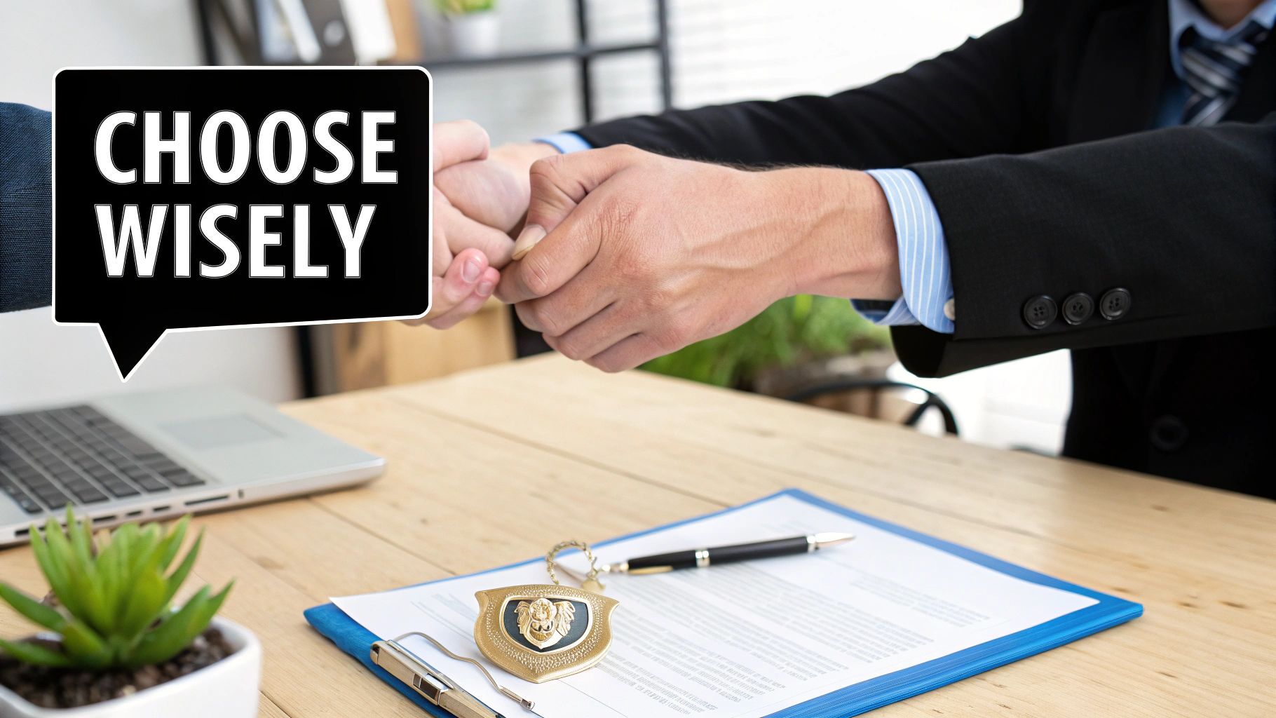 A person carefully reviewing a contract with a magnifying glass, symbolising due diligence in hiring a professional.