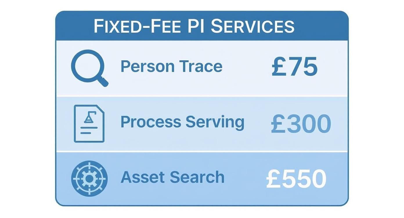 Infographic showing fixed-fee private investigator services including Person Trace at £75, Process Serving at £300, and Asset Search at £550.