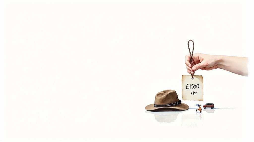 A private detective sitting at a desk, reviewing case files and a magnifying glass.