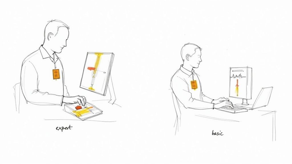 An examiner conducting a polygraph test using advanced digital equipment.
