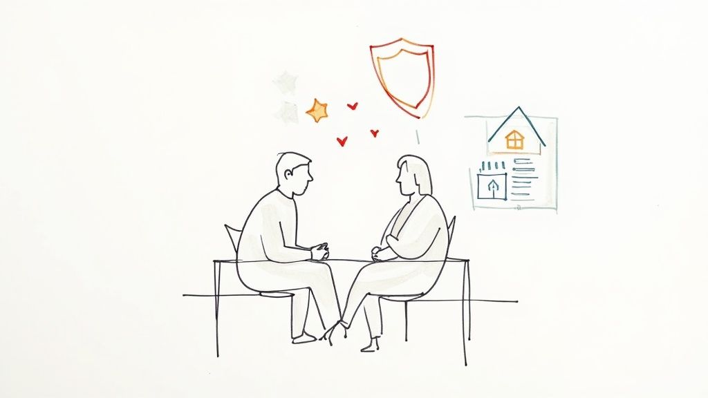A landlord and tenant shaking hands in front of a modern home, signifying a successful tenancy agreement.