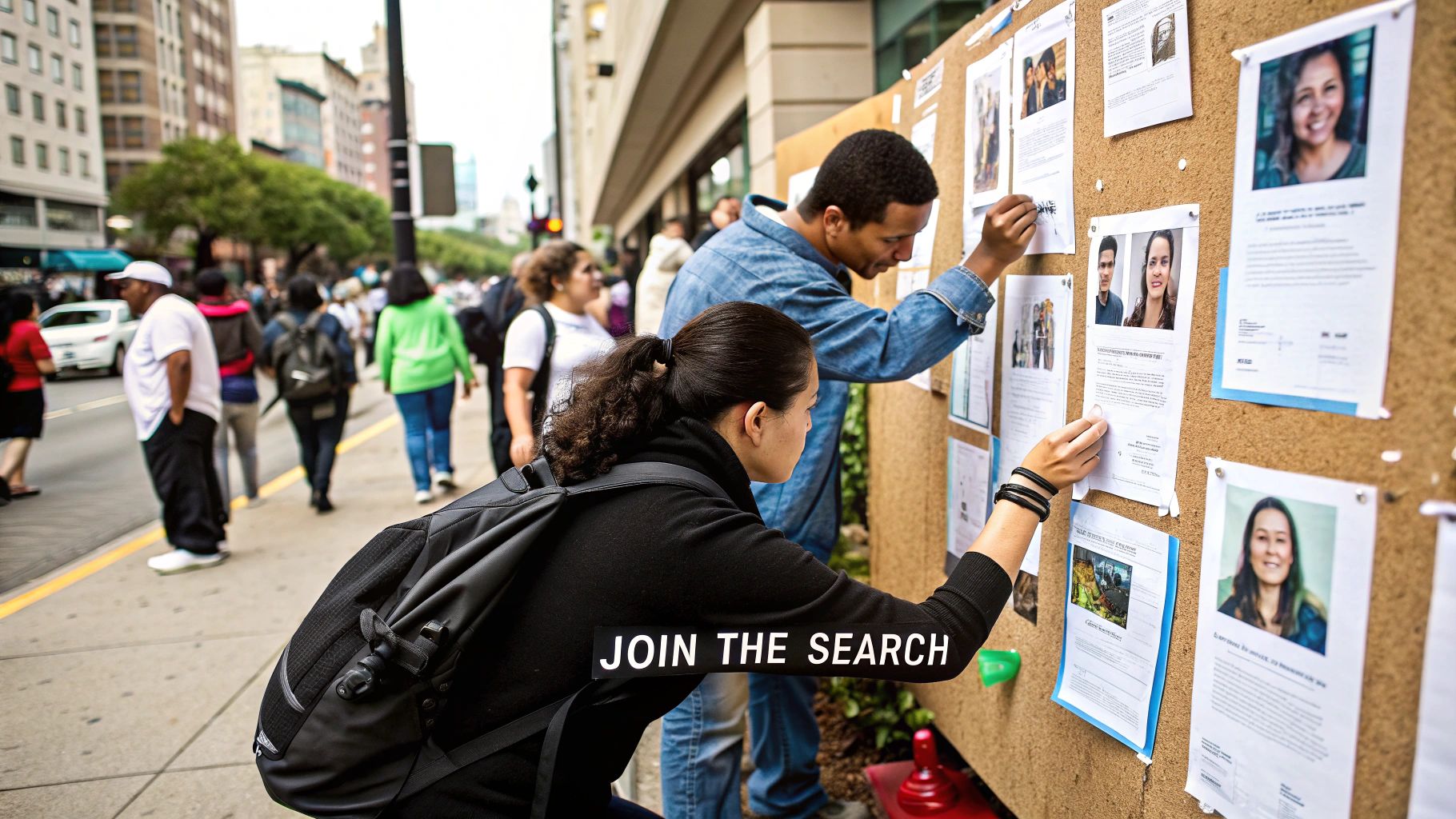 A group of community members putting up missing person posters on a notice board, working together to support the search.