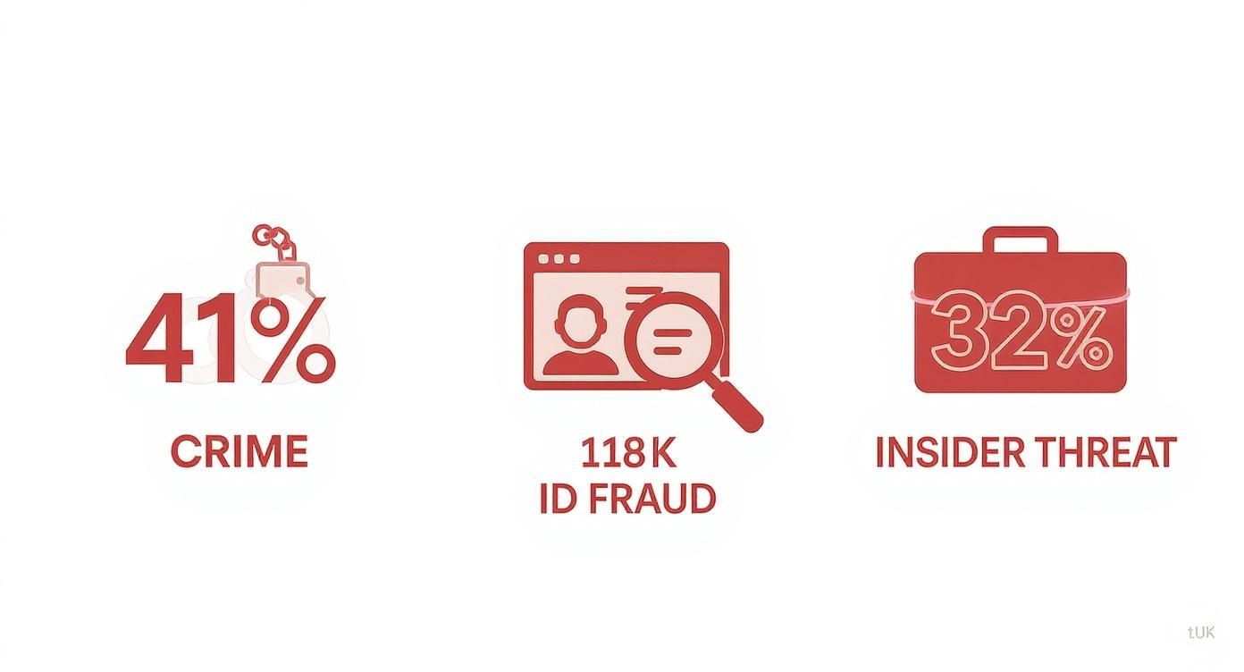 Infographic displaying UK fraud statistics: 41% of all crime is fraud, 118k cases of identity fraud, and a 32% rise in insider threats.