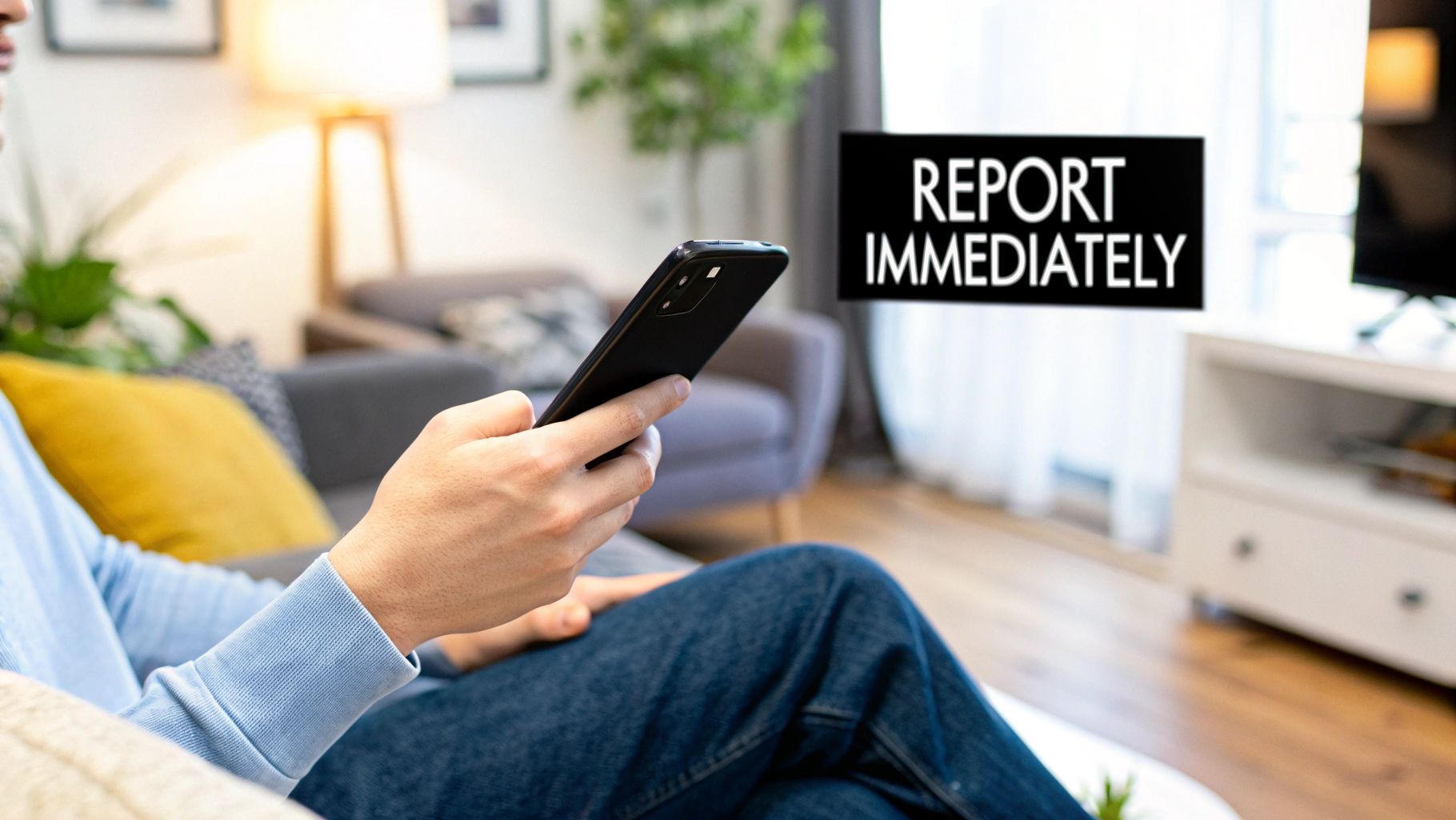 A person urgently making a phone call, looking concerned, representing the need to report a missing person immediately.