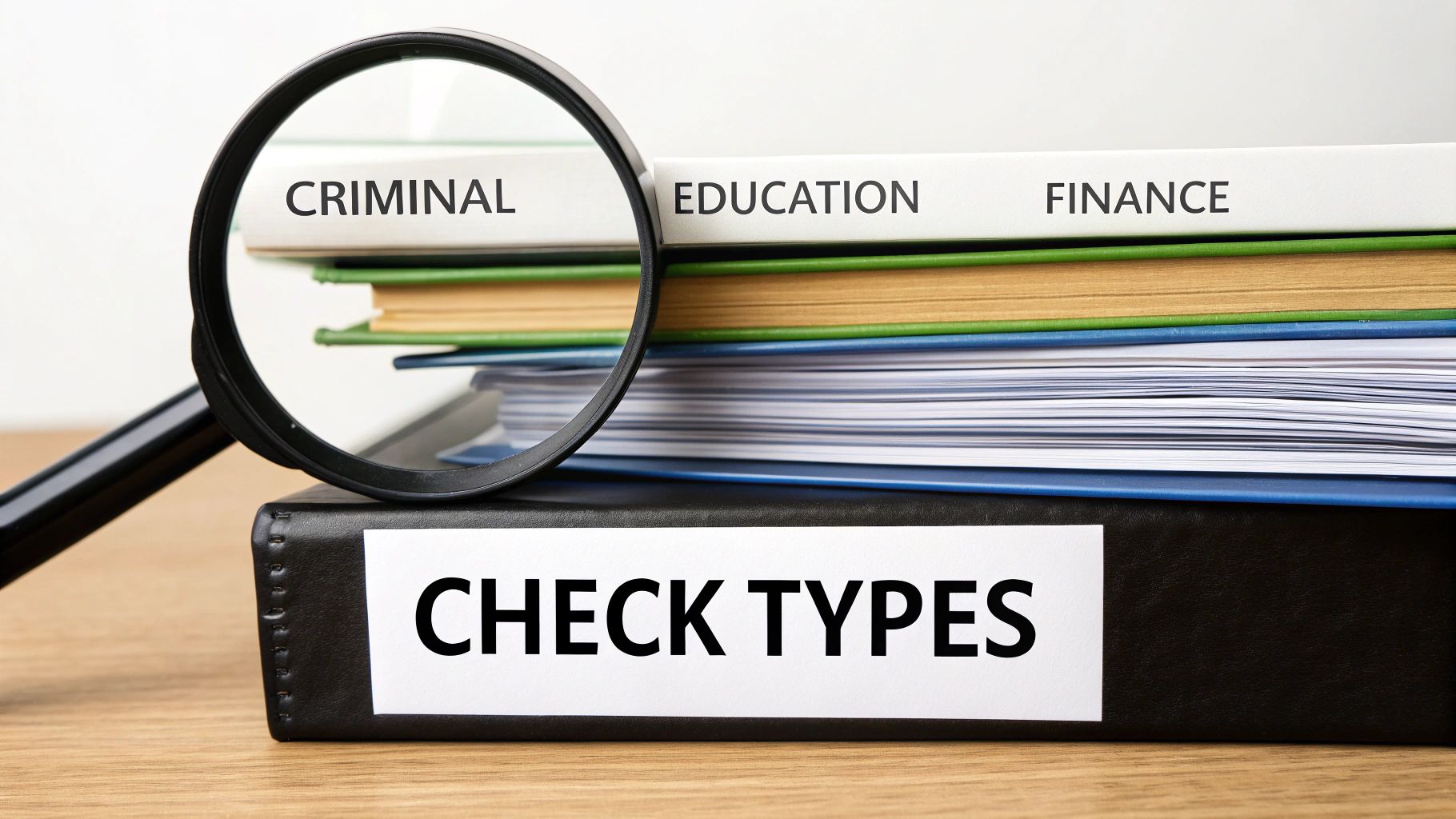 A collage of icons representing different types of background checks, such as a criminal record, a graduation cap, a credit report, and a passport.