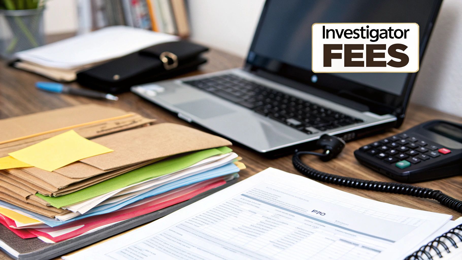 A magnifying glass hovering over a calculator and financial documents, symbolising the analysis of investigation costs.