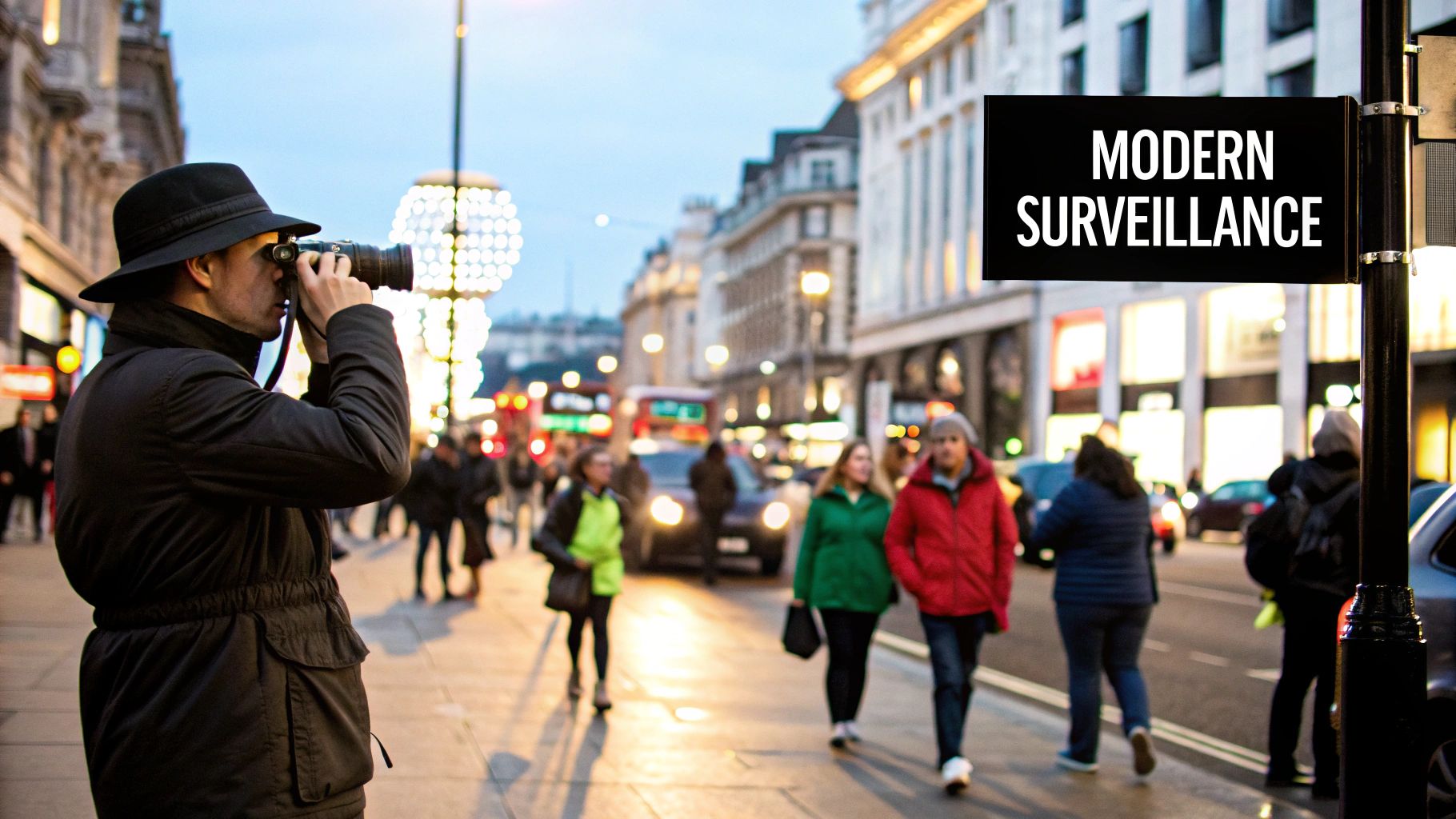 A private investigator discreetly observing a London street scene