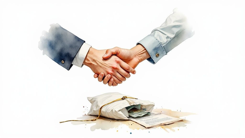 Scales of justice balancing a magnifying glass and a stack of coins, representing the value of financial investigation