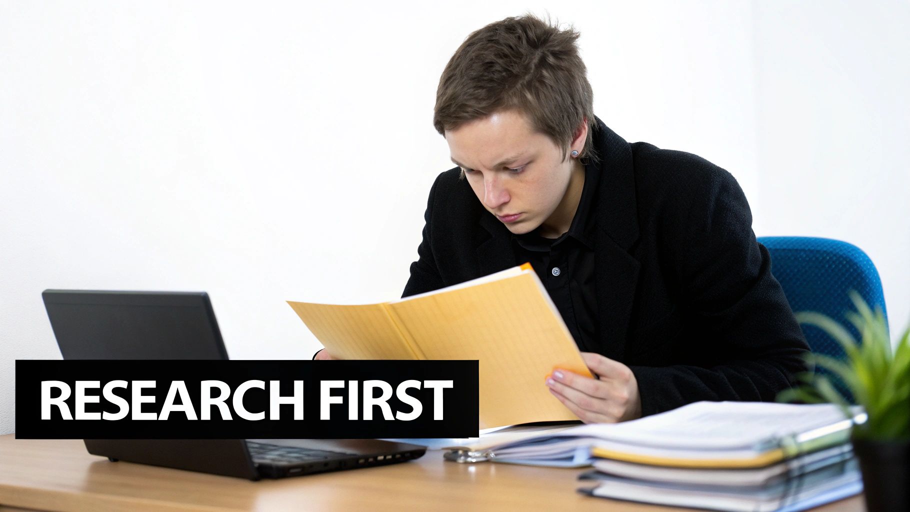 A private investigator reviewing case files at a wooden desk with a magnifying glass nearby
