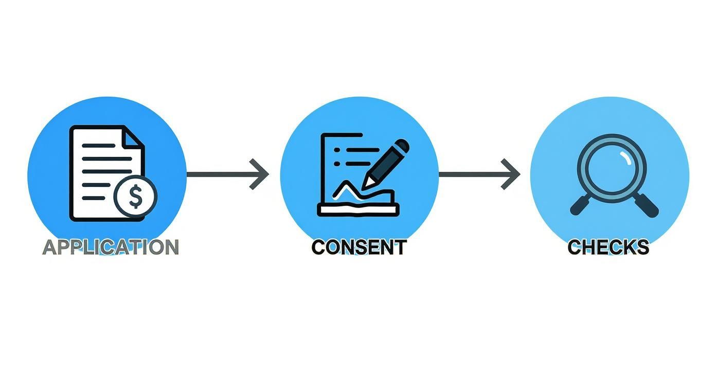 Infographic showing the three-step tenant screening process Application, Consent, and Checks, with corresponding icons.
