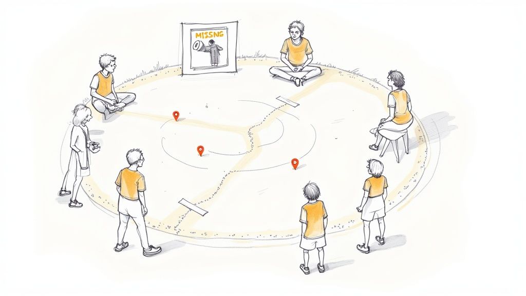 A group of volunteers with flyers and maps, coordinating a search effort in a park.