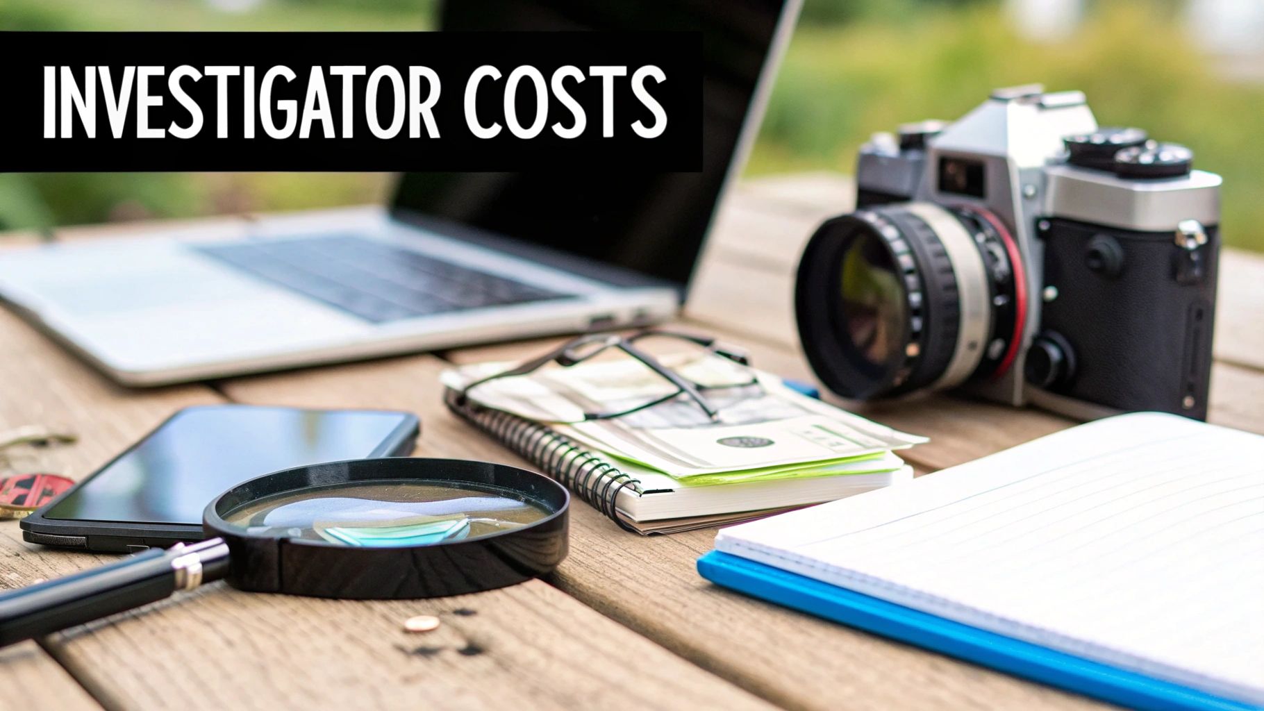 A private investigator reviewing documents in a dimly lit office with a magnifying glass.