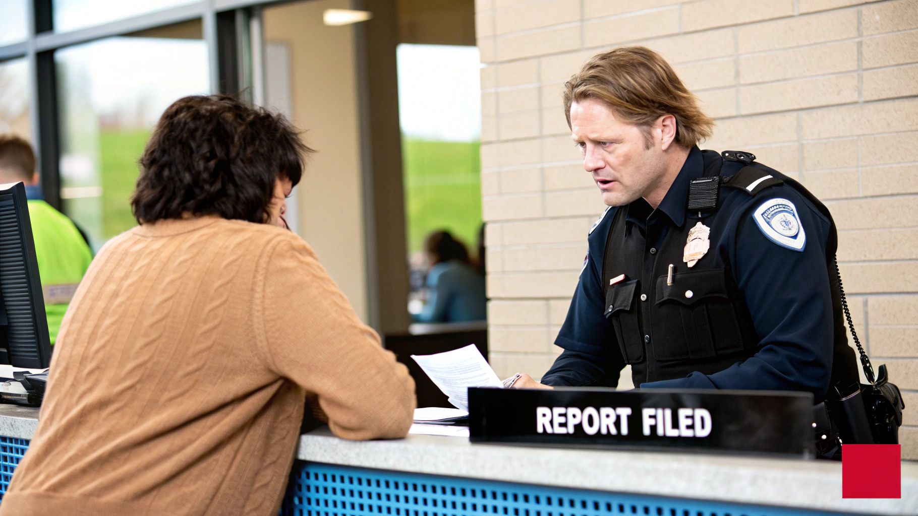 Police officers in uniform communicating with a person