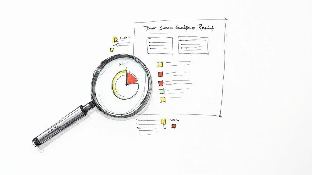 A person reviewing a tenant background check document with a magnifying glass.