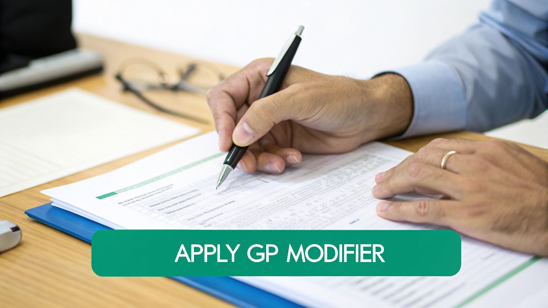 Close-up of a person's hands writing with a pen on a document, with a green banner stating 'APPLY GP MODIFIER'.