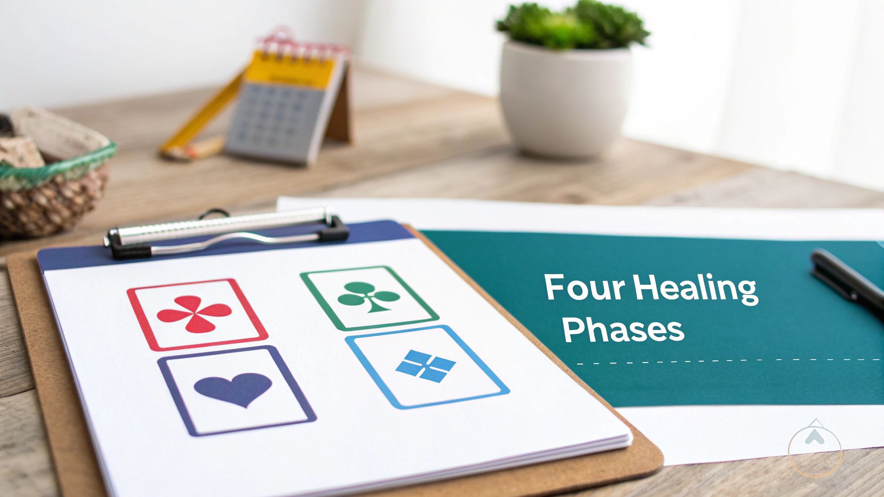 A clipboard displays four colorful symbols, resembling card suits, next to a document titled 'Four Healing Phases'.