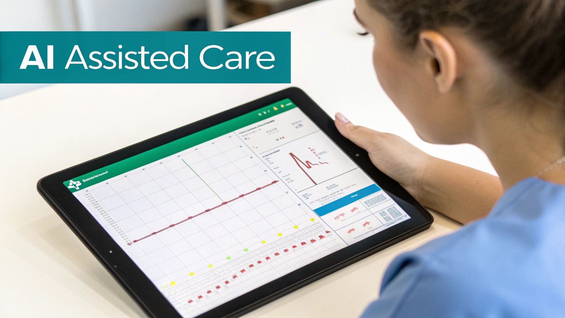 A medical professional uses a tablet displaying patient data, charts, and AI-assisted care information.