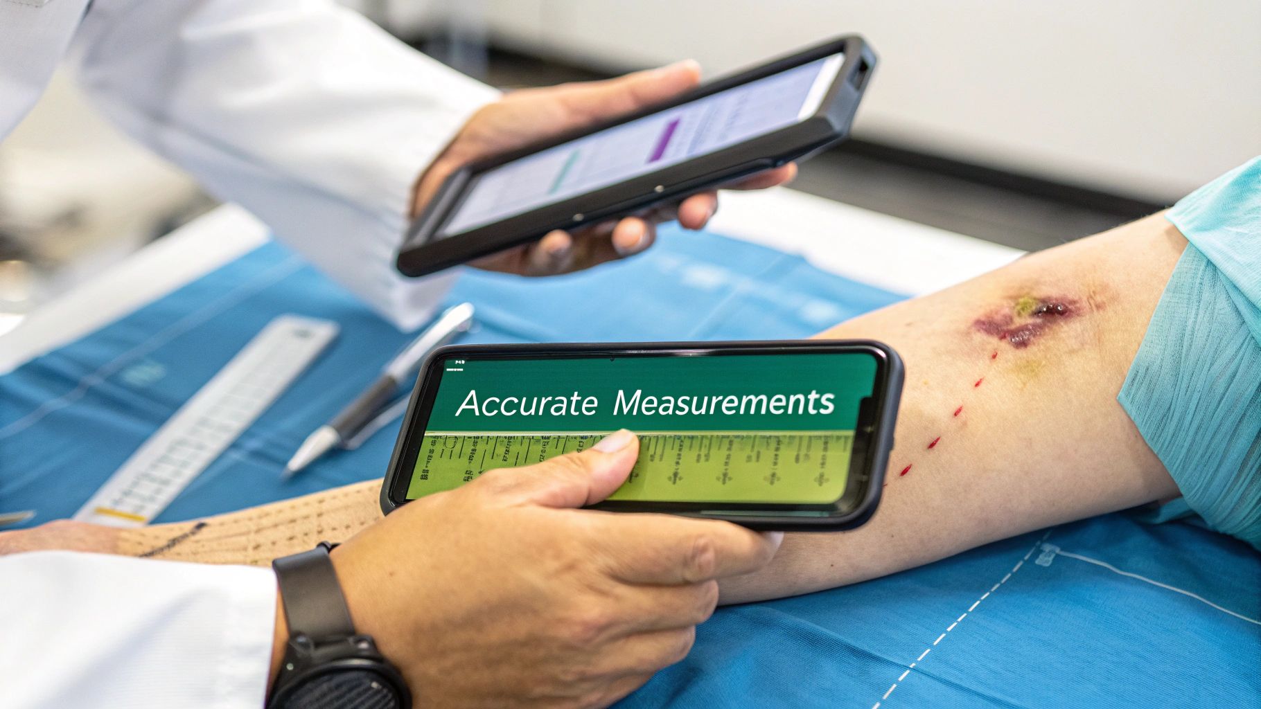 A doctor uses two smartphones for precise wound assessment and digital measurement on a patient's leg.