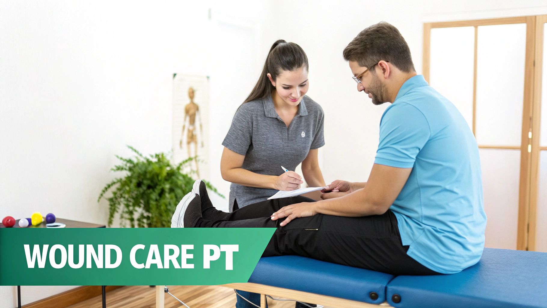 A female physical therapist consults with a male patient during a wound care session on an examination table.