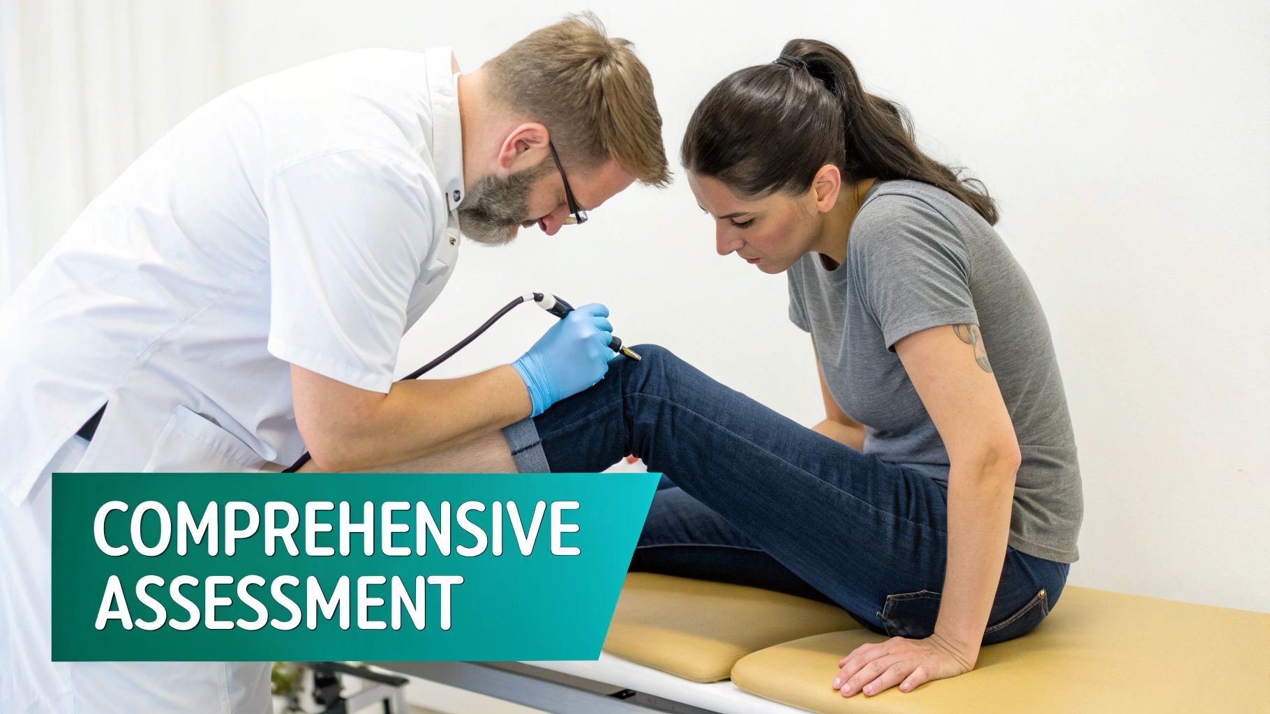 A healthcare professional conducting a comprehensive skin examination on a patient's knee with a specialized tool.