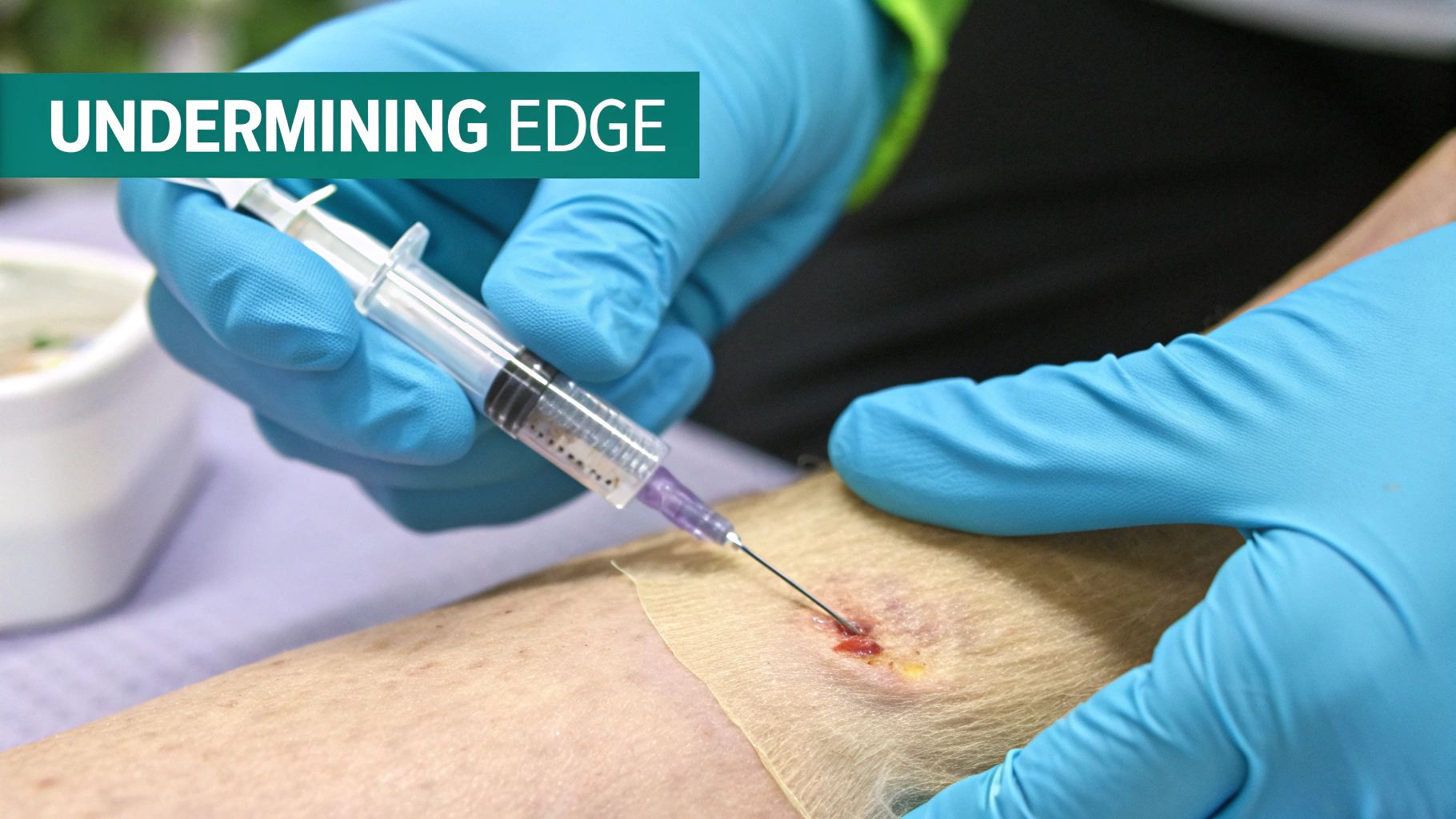 A gloved hand uses a syringe to inject a solution into an inflamed skin wound on an arm.