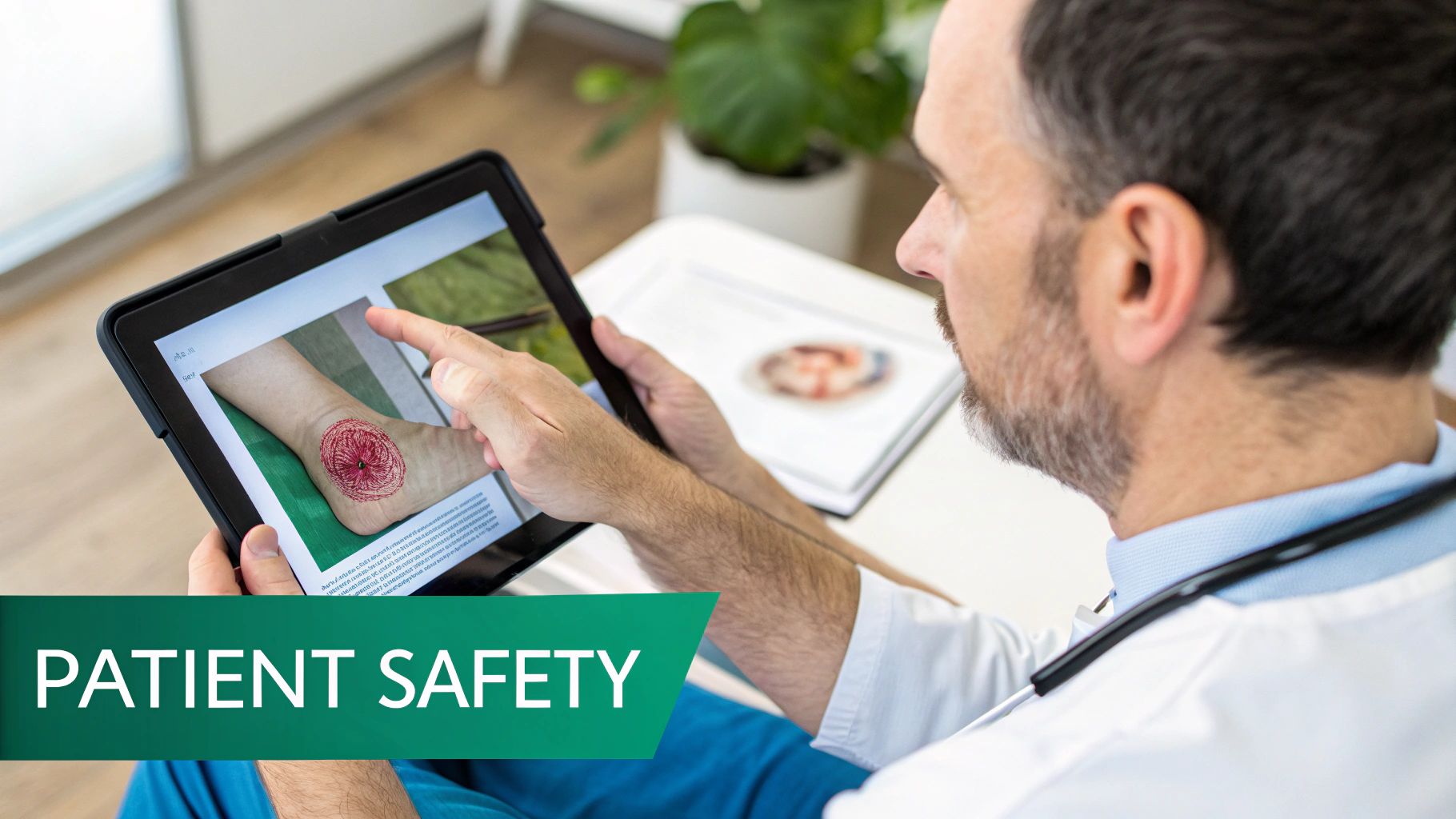 A doctor reviews a patient's foot condition on a tablet, emphasizing patient safety.