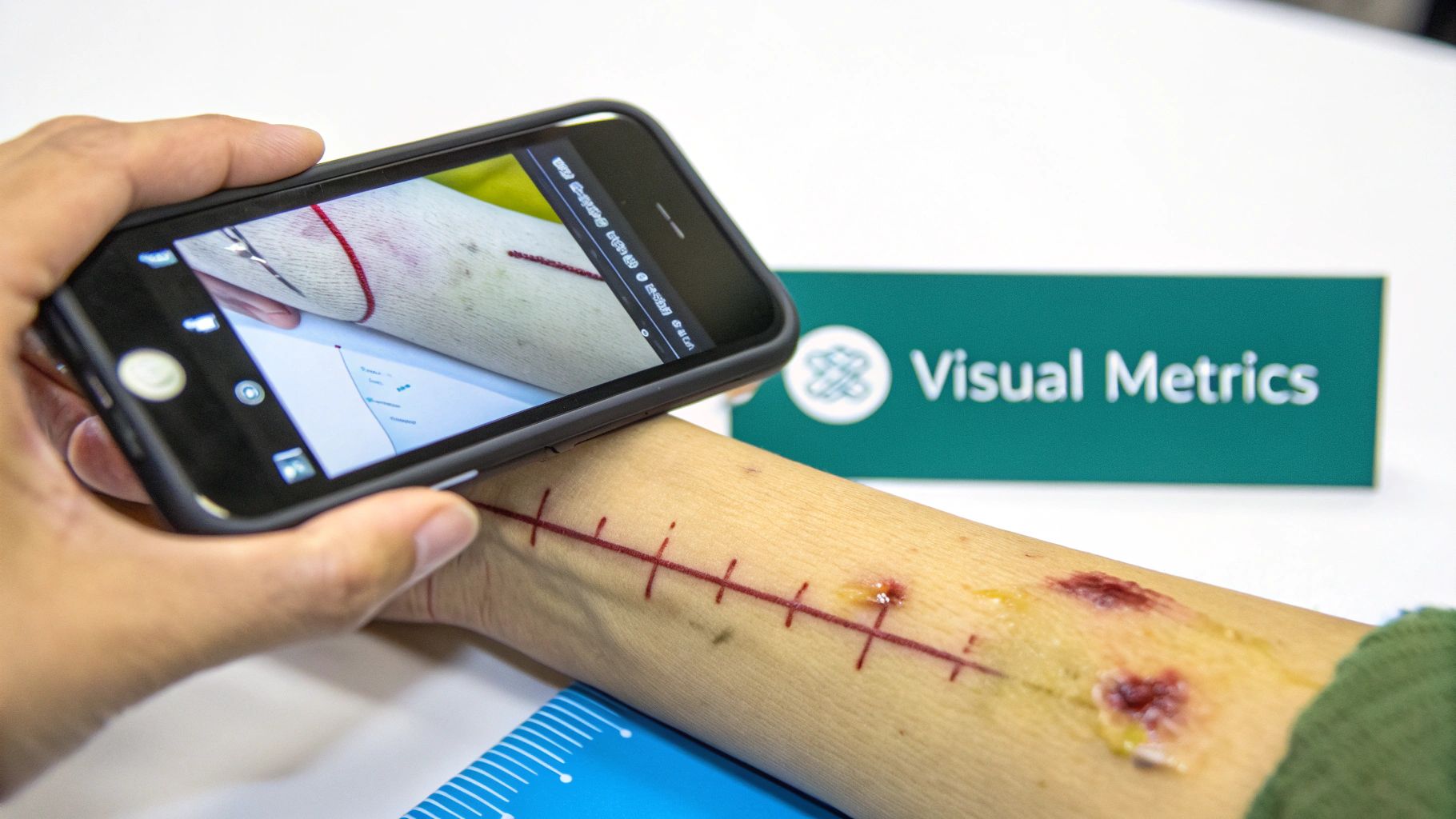A person uses a smartphone to capture an image of an arm with simulated wounds and measurement markings, with a 'Visual Metrics' sign in the background.