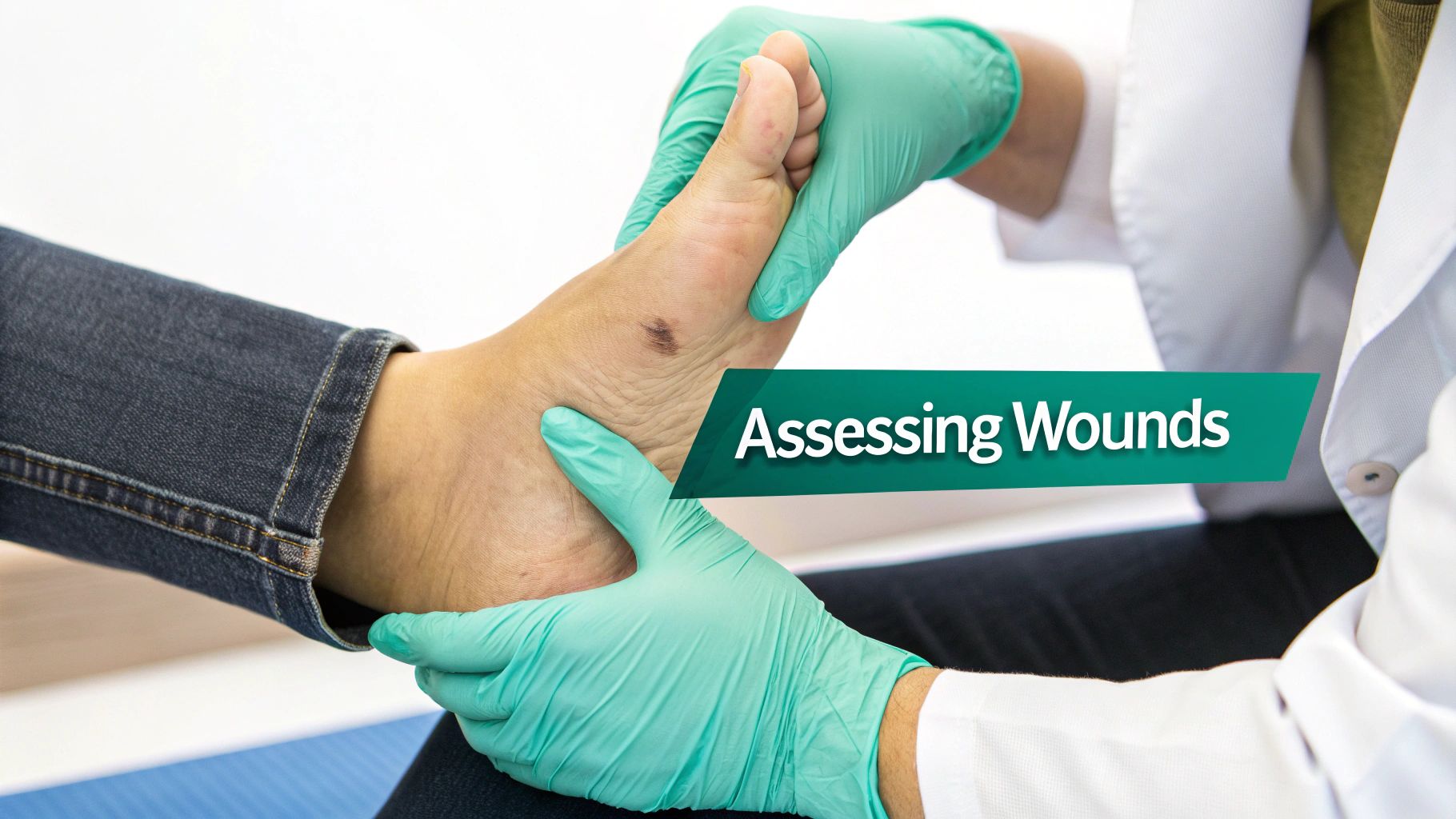 Healthcare professional in green gloves meticulously assessing a patient's foot for wounds.