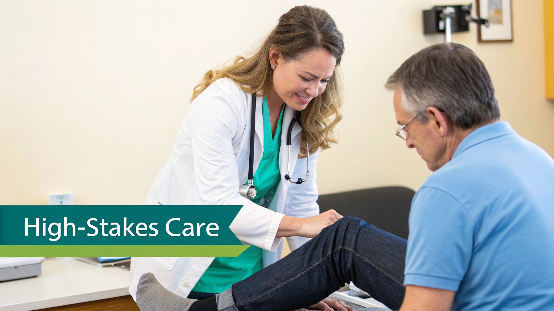 A smiling female doctor in a white coat examines the knee of a male patient in a clinic setting.