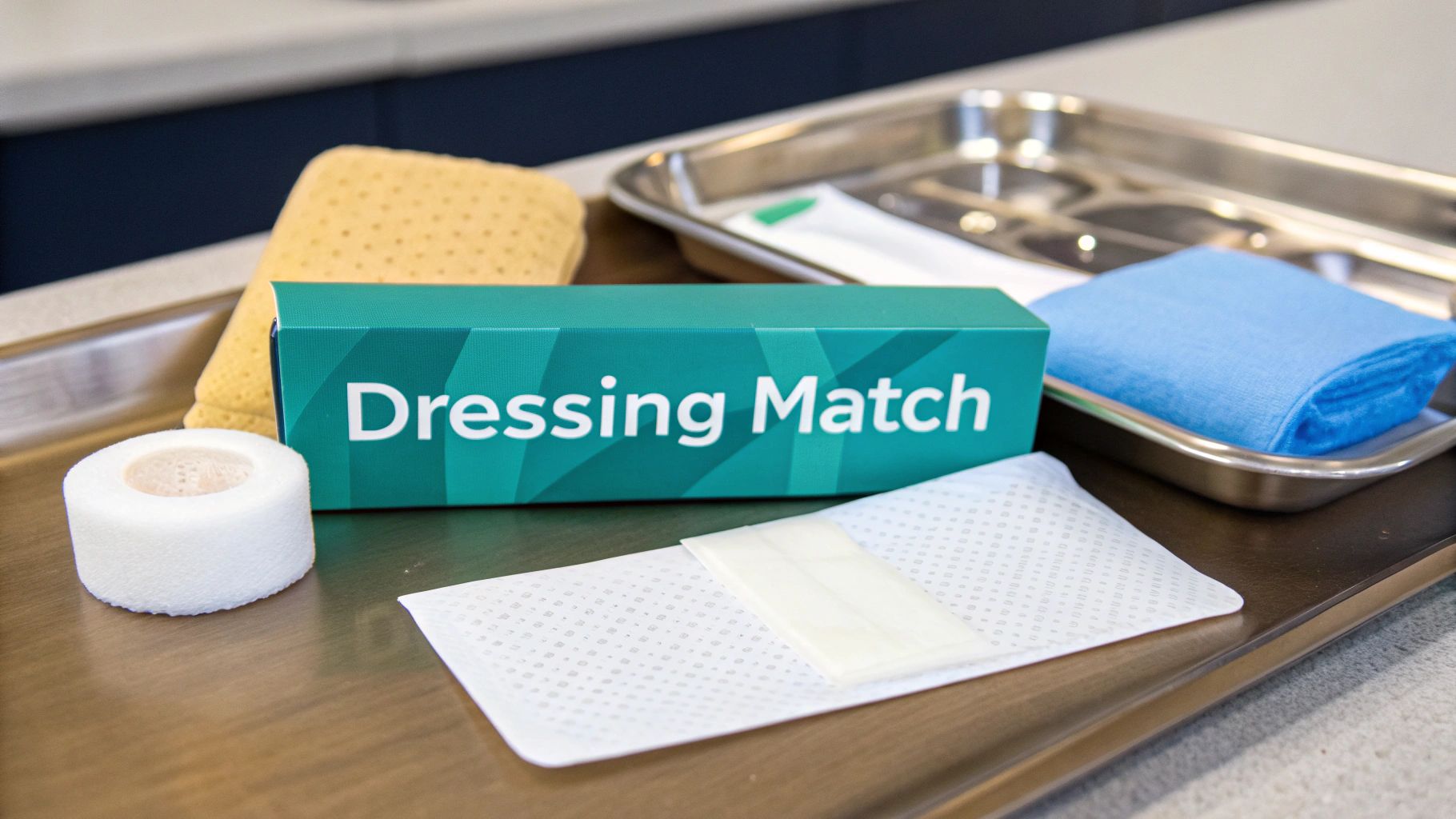 Close-up of various wound care supplies on a tray, including a 'Dressing Match' box and medical tape.