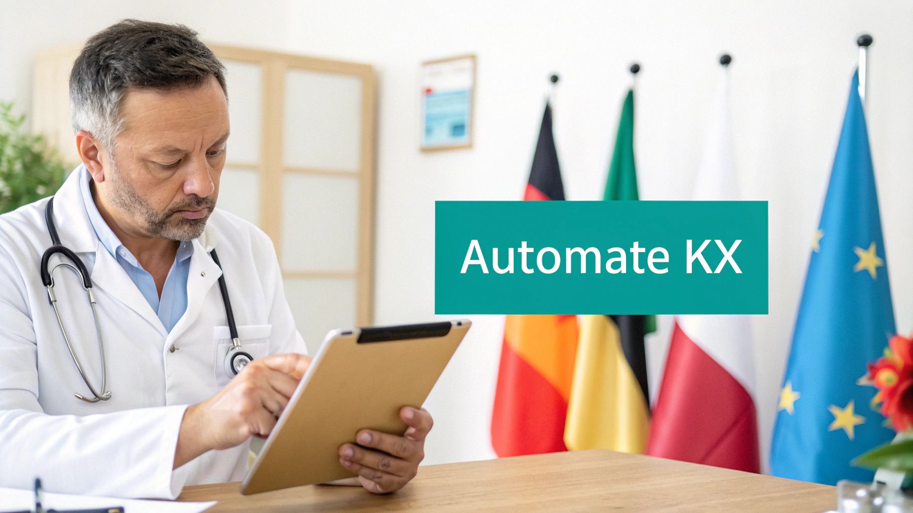 A male doctor in a white coat and stethoscope uses a tablet, with flags and “Automate KX” text in the background.