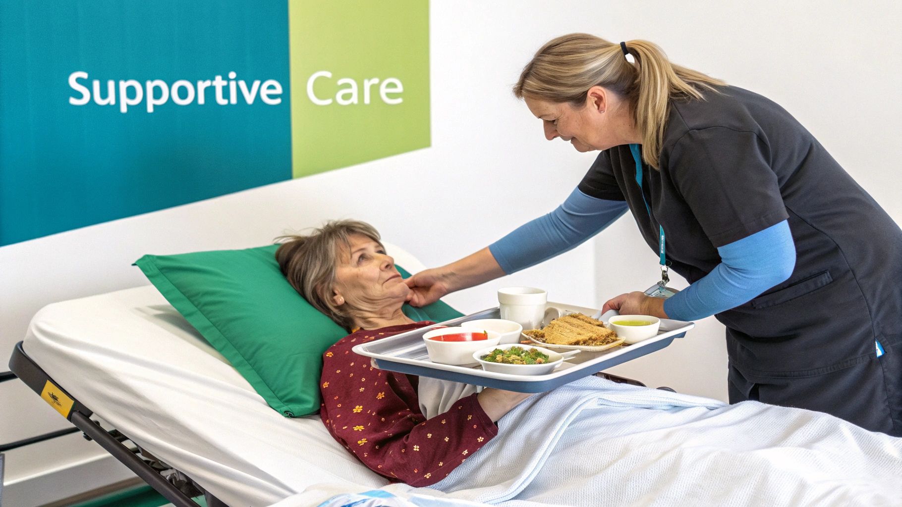 A healthcare worker serves a meal to an elderly patient lying in a hospital bed under a 'Supportive Care' sign.