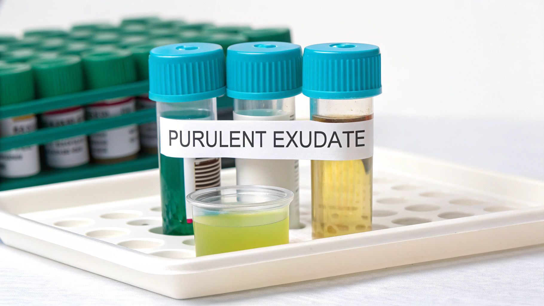 Three test tubes and a small cup with different colored liquids labeled 'PURULENT EXUDATE' on a white tray.