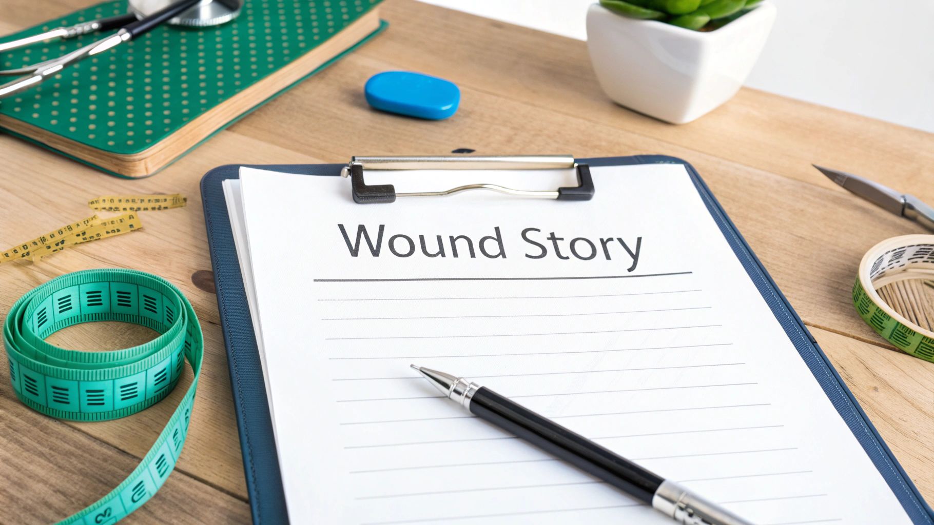 A clipboard titled 'Wound Story' with a pen, medical tools, and measuring tapes on a wooden desk.