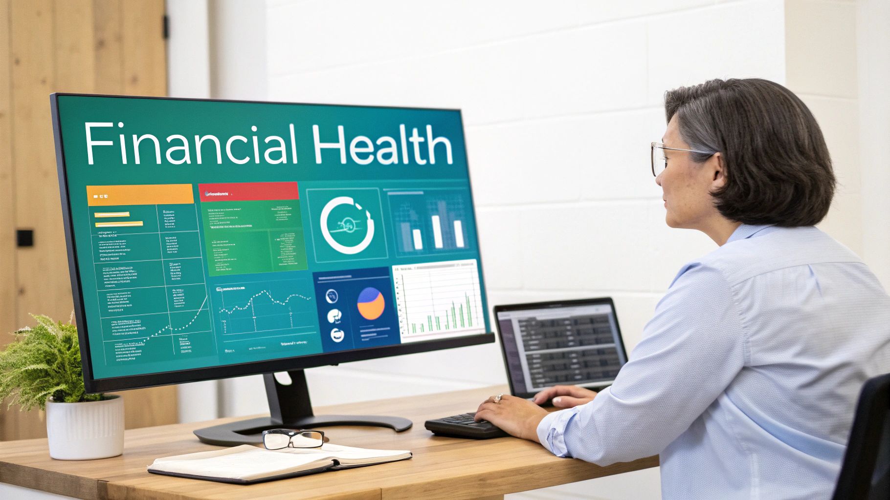 A person views a large monitor displaying a 'Financial Health' dashboard with charts and graphs.