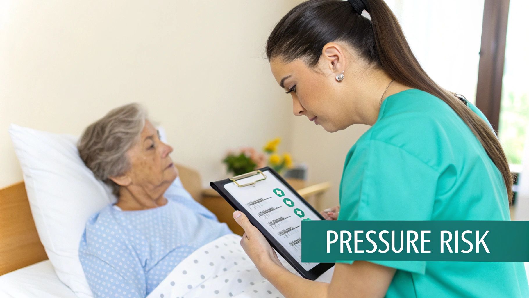 A nurse reviews a pressure risk assessment chart for an elderly patient in a hospital bed.
