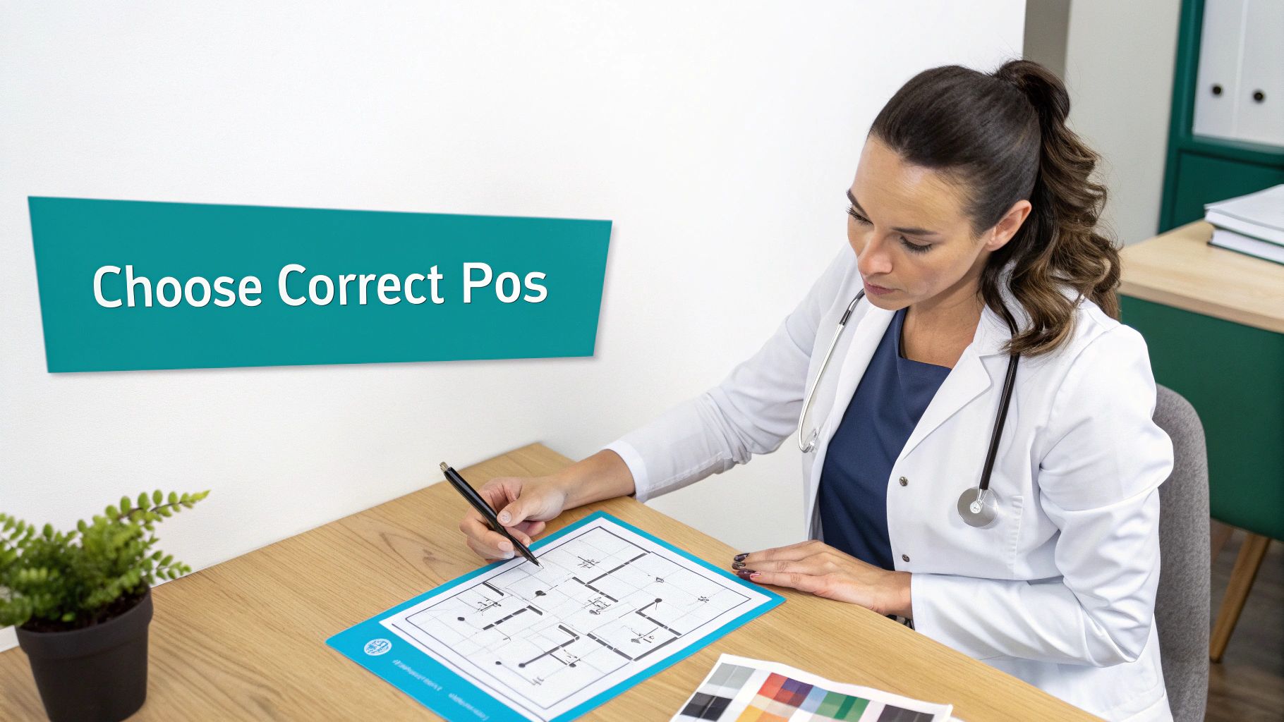A female doctor in a lab coat studies a floor plan with a pen at a wooden desk.