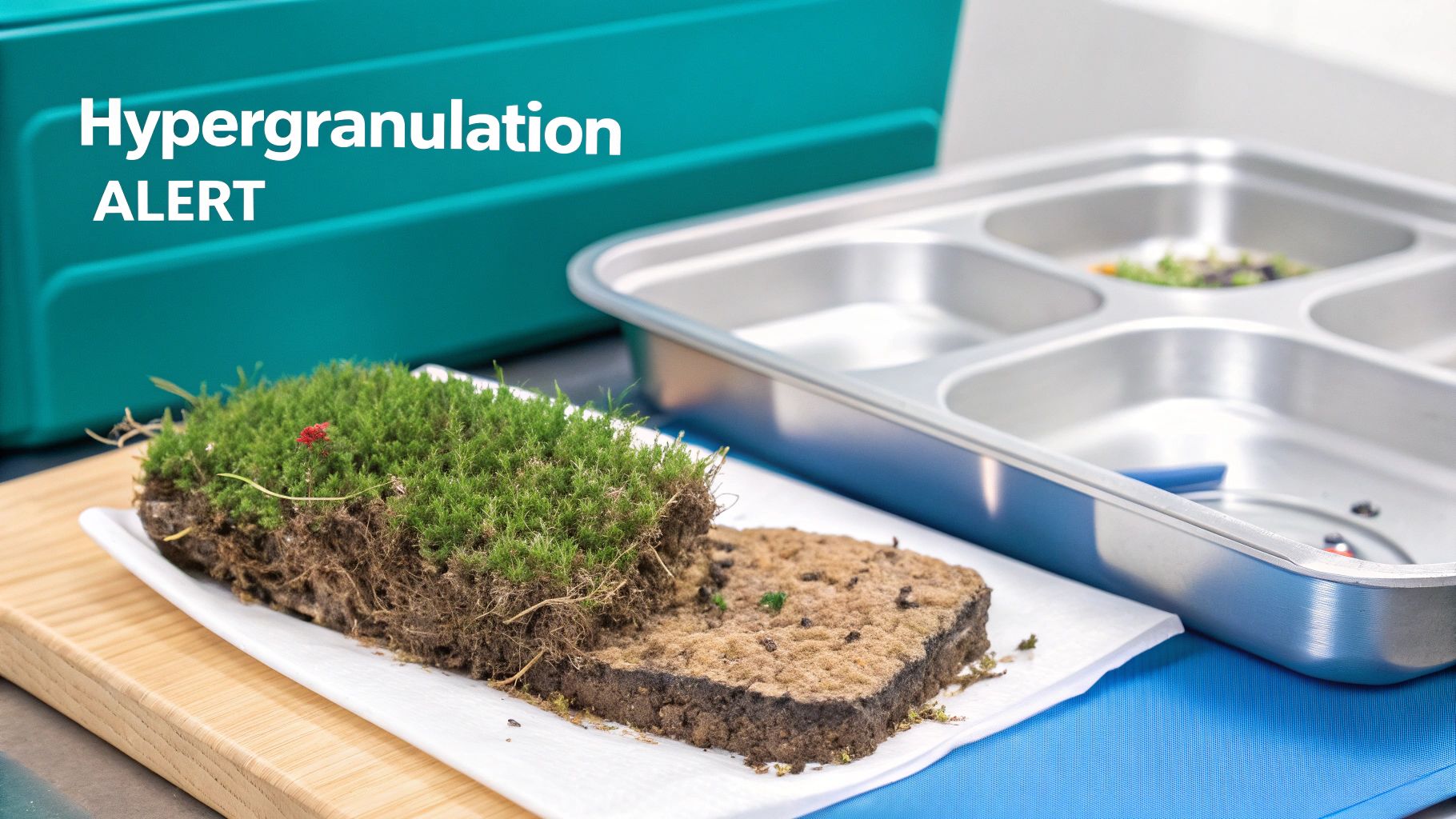 A block of green mossy soil and a block of bare soil demonstrate hypergranulation with an ALERT notice.