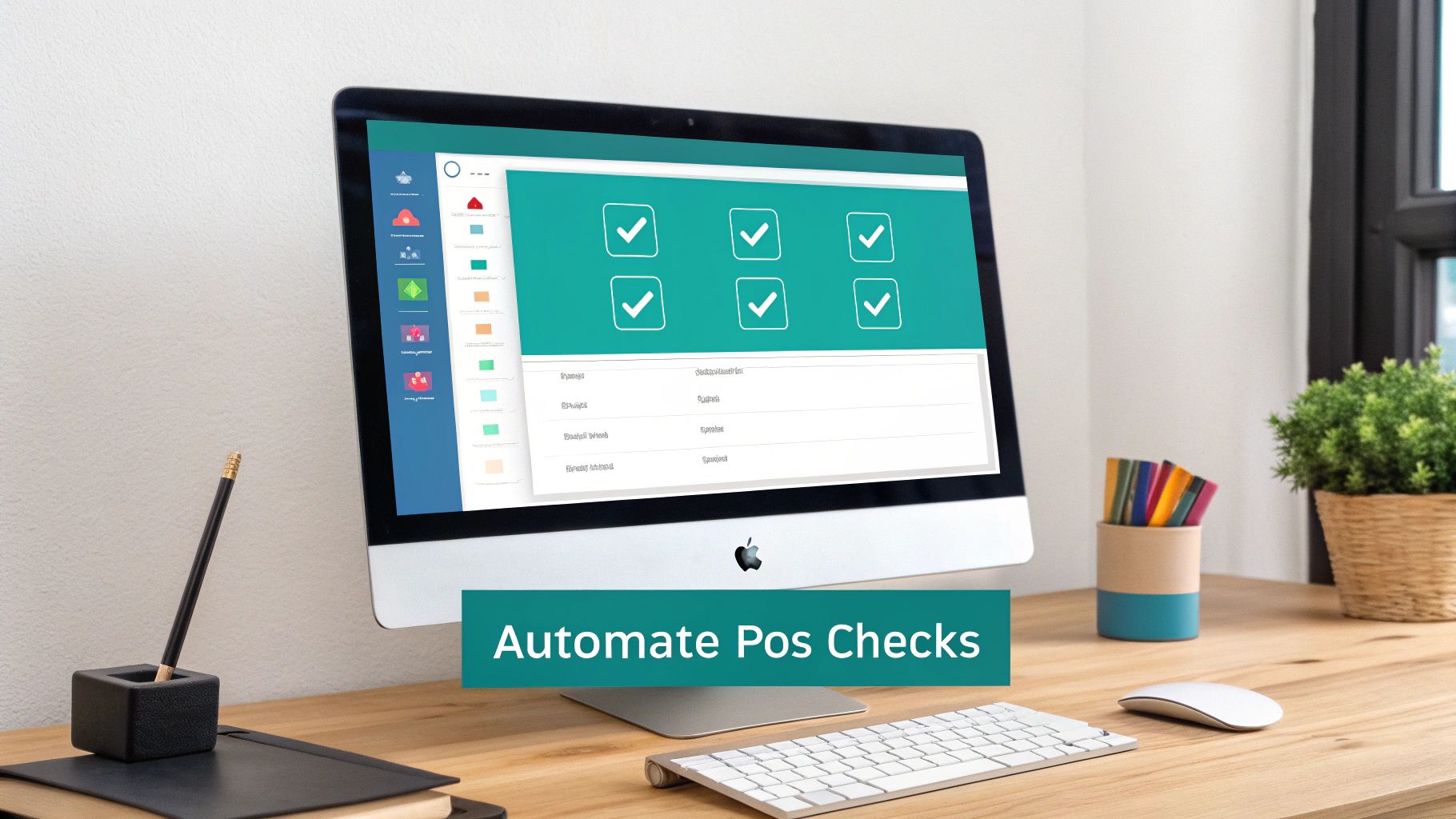 An iMac on a wooden desk displaying a dashboard with green checkmarks and text 'Automate Pos Checks'.