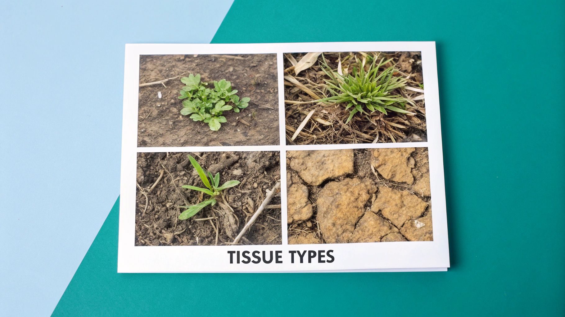 A white card displays four photos of young plants in soil and cracked dry earth, labeled 'TISSUE TYPES'.