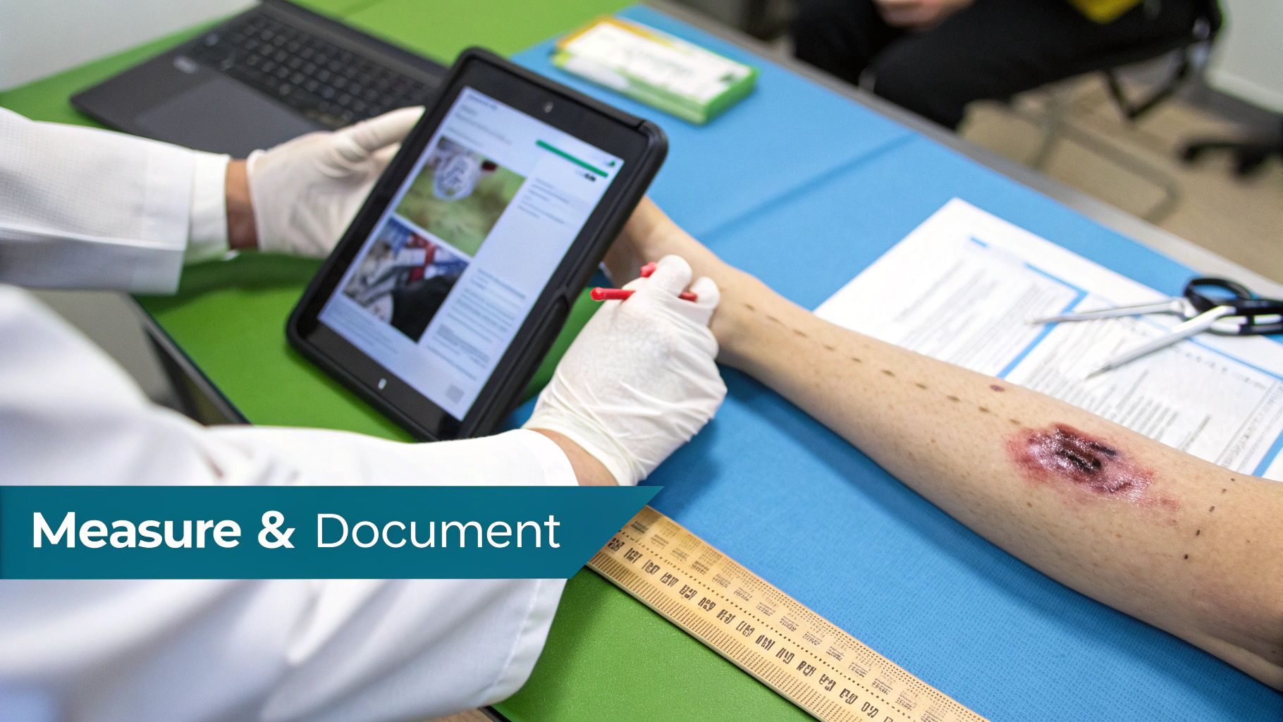 Medical professional measures and documents a partial thickness wound on an arm using a tablet.