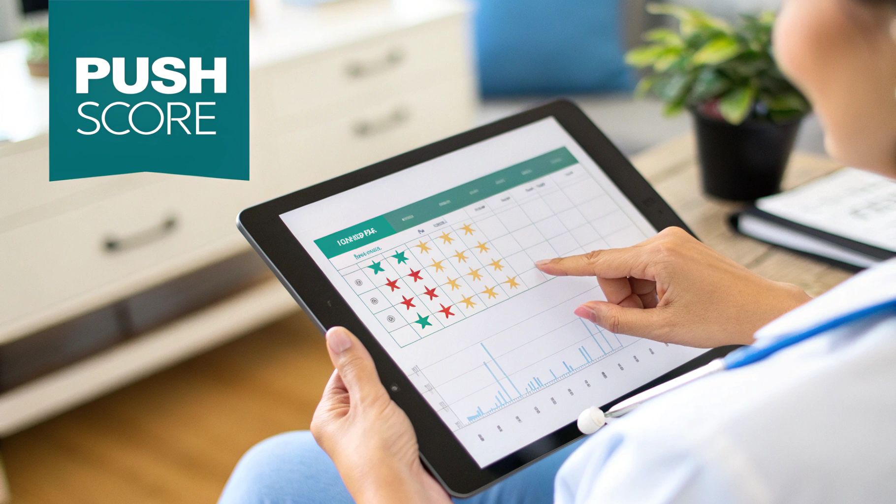 Medical professional reviews a digital PUSH SCORE wound assessment on a tablet with star ratings.