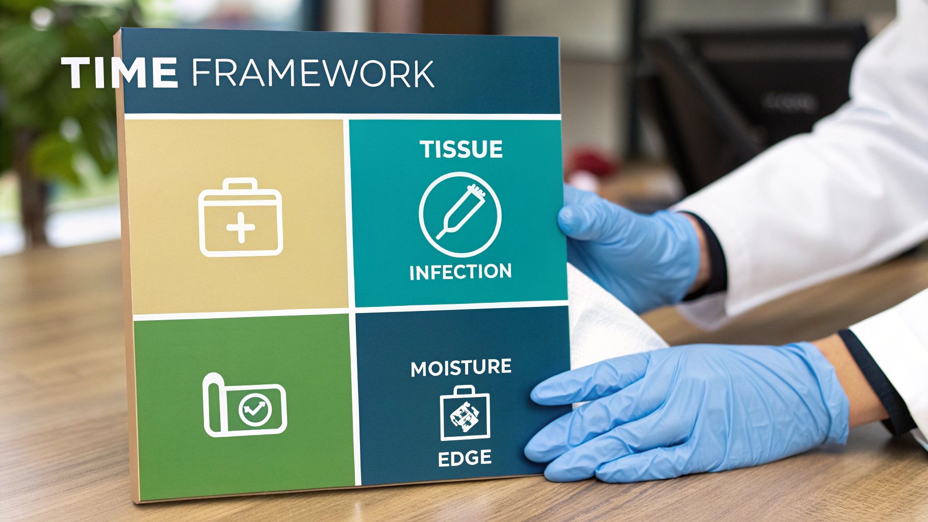 Hands in blue medical gloves holding an infographic sign about the TIME wound care framework.