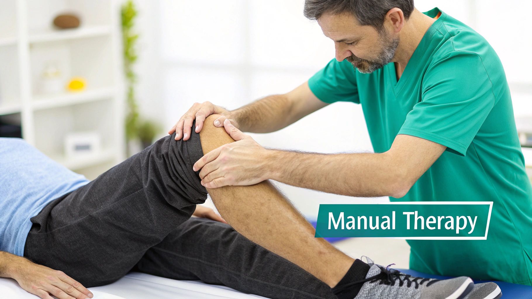 A physical therapist performs manual therapy on a patient's knee for pain relief and joint mobilization.