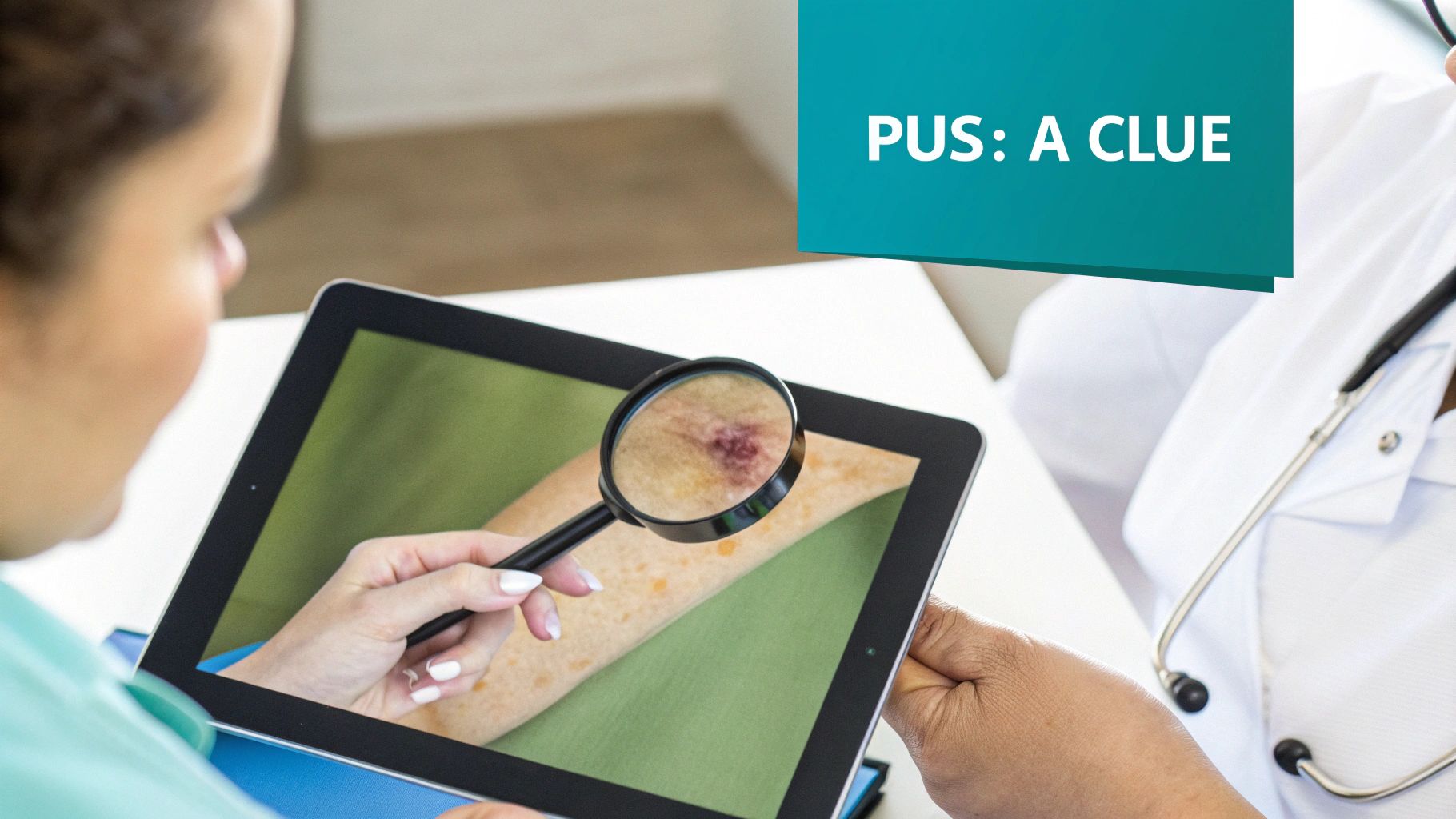 Medical professionals examine a skin lesion through a magnifying glass on a tablet.