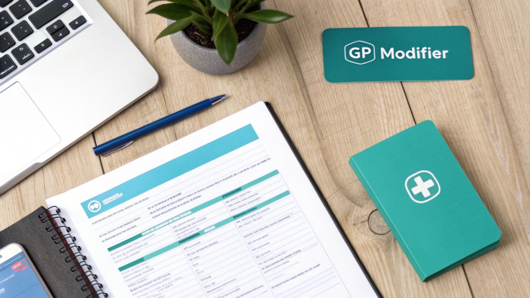 A professional desk setup with a laptop, pen, notebook, and a green 'GP Modifier' card, suggesting a medical workspace.