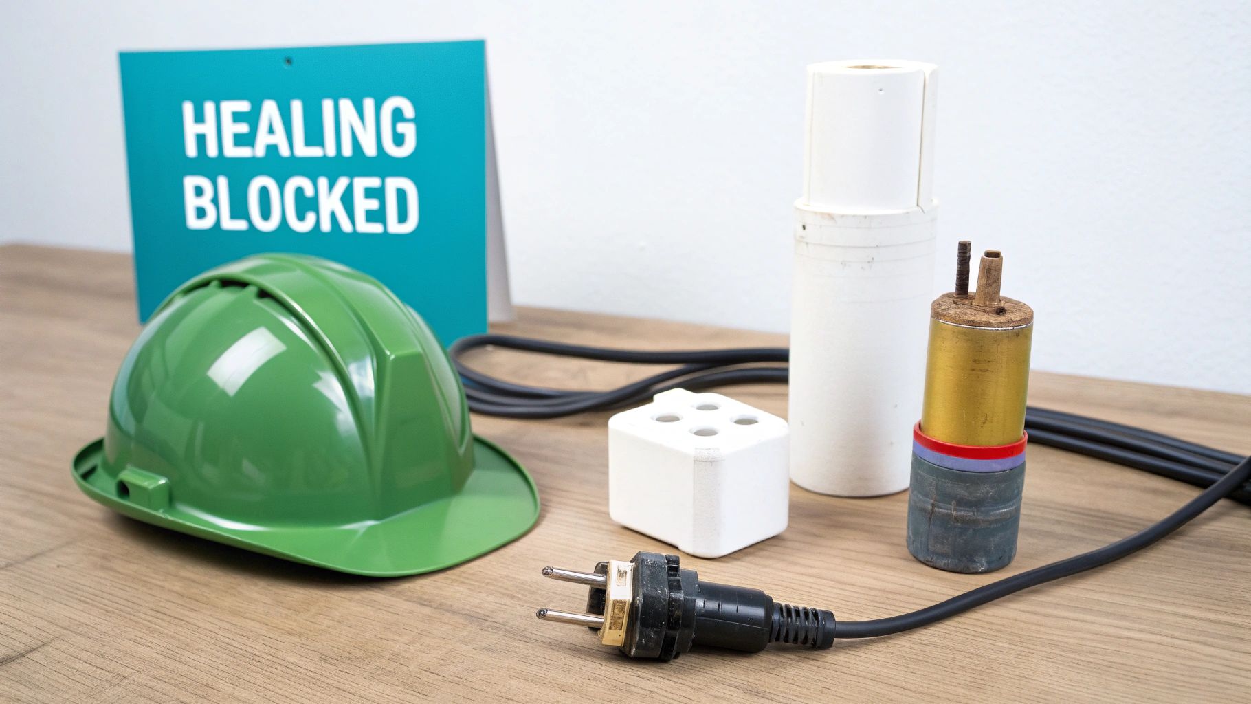 Green hard hat, 'HEALING BLOCKED' sign, and various industrial components on a wooden surface.