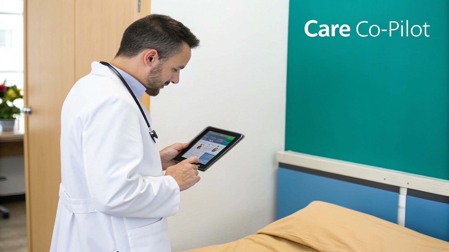 A doctor in a white coat uses a tablet with a medical application, near a wall with 'Care Co-Pilot' written on it.